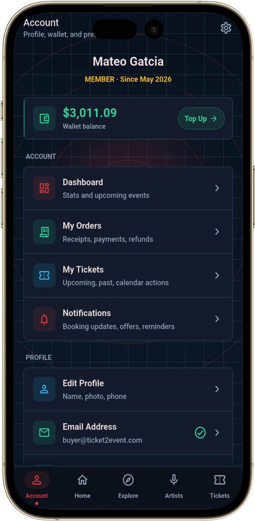 Ticket2Event account screen showing my orders