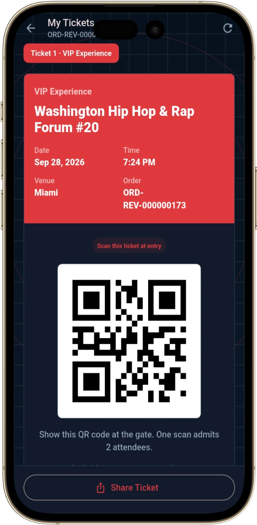 Ticket2Event ticket QR code screen