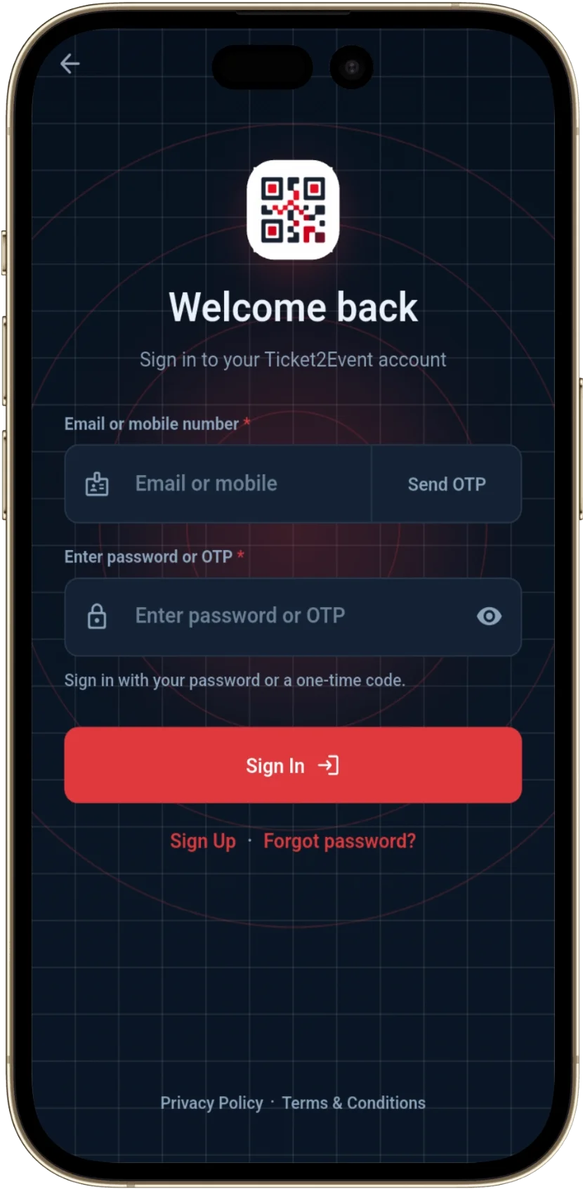Ticket2Event welcome and sign in screen